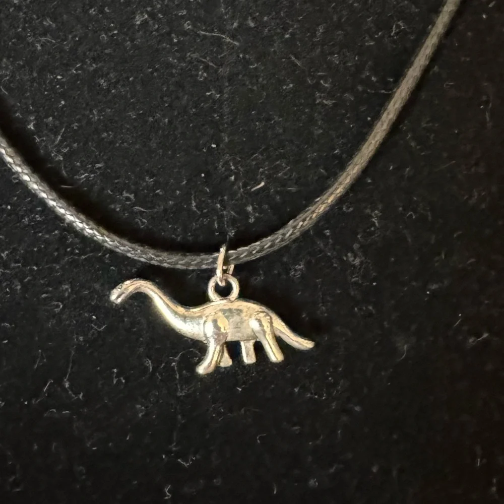 Silver Dinosaur Pendant Adjustable Leather Cord Necklace